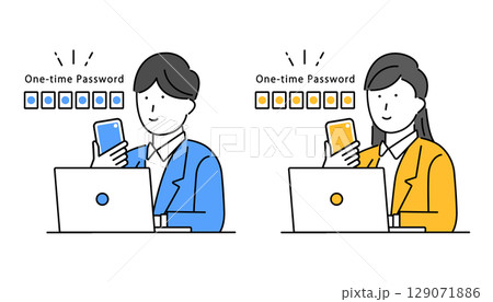 スマホでワンタイムパスワードを受け取った男性と女性のイラスト スマホでワンタイムパスワードを受け取った男性と女性のイラスト 129071886