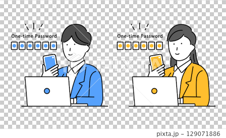 スマホでワンタイムパスワードを受け取った男性と女性のイラスト スマホでワンタイムパスワードを受け取った男性と女性のイラスト 129071886