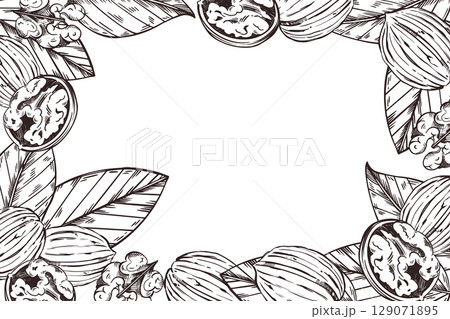 Rectangular vector frame of walnut, walnut leaves, half a walnut, peeled walnut. All objects are hand-drawn with ink. The illustration is suitable for printing on the packaging of goods, products.  129071895