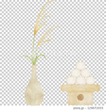水彩で描いたお月見団子とススキのイラスト 129072035