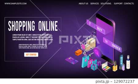 Shopping online template for website, mobile application, web banner, info graphics or discount coupons. Vector illustration 129072237