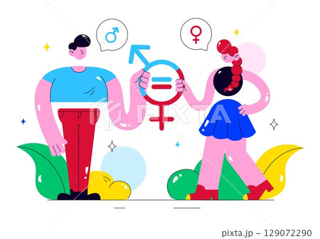 Gender Equality Illustration Featuring Male and Female Characters on a Balanced Scale Representing Equal Rights and Opportunities in a Background Gender Equality Illustration Featuring Male and Female Characters on a Balanced Scale Representing Equal Rights and Opportunities in a Background 129072290