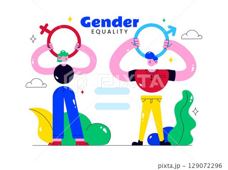 Gender Equality Illustration Featuring Male and Female Characters on a Balanced Scale Representing Equal Rights and Opportunities in a Background 129072296