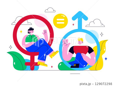 Gender Equality Illustration Featuring Male and Female Characters on a Balanced Scale Representing Equal Rights and Opportunities in a Background Gender Equality Illustration Featuring Male and Female Characters on a Balanced Scale Representing Equal Rights and Opportunities in a Background 129072298