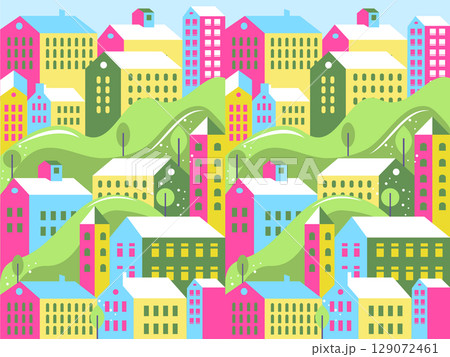 Bright Pastel Cityscape with Hills and Buildings in Flat Vector Style Bright Pastel Cityscape with Hills and Buildings in Flat Vector Style 129072461