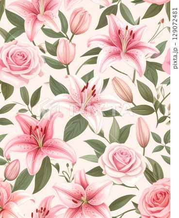 Seamless pink floral pattern featuring a vintage blossom design perfect for summer textile or spring wallpaper 129072481