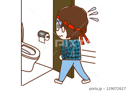 (全身斜め後ろ)お腹が痛くて青ざめて急いでトイレに駆け込むメガネをかけたオタク (全身斜め後ろ)お腹が痛くて青ざめて急いでトイレに駆け込むメガネをかけたオタク 129072627