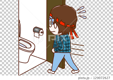 (Full-body rear view) A bespectacled otaku with a stomach ache and pale face rushing to the toilet 129072627