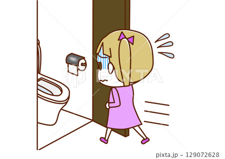 （全身斜め後ろ）お腹が痛くて青ざめて急いでトイレに駆け込む白人少女 129072628
