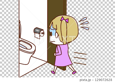 （全身斜め後ろ）お腹が痛くて青ざめて急いでトイレに駆け込む白人少女 129072628