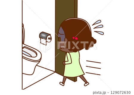 （全身斜め後ろ）お腹が痛くて青ざめて急いでトイレに駆け込むアフリカ系少女 129072630