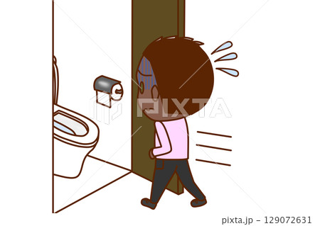 （全身斜め後ろ）お腹が痛くて青ざめて急いでトイレに駆け込むアフリカ系少年 129072631