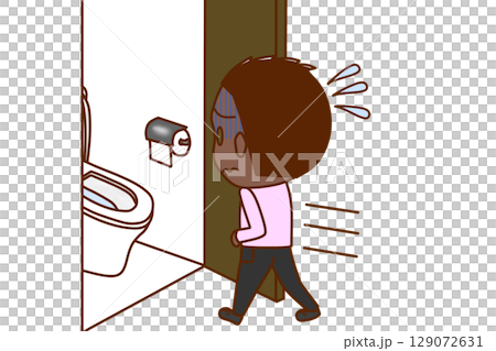 （全身斜め後ろ）お腹が痛くて青ざめて急いでトイレに駆け込むアフリカ系少年 129072631
