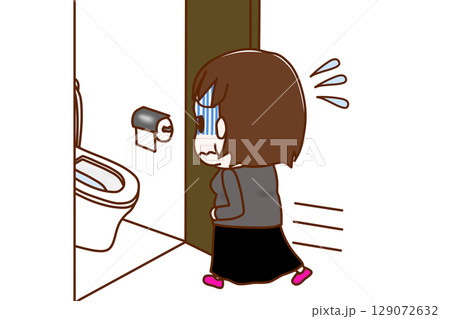 (全身斜め後ろ)お腹が痛くて青ざめて急いでトイレに駆け込む太った女性 (全身斜め後ろ)お腹が痛くて青ざめて急いでトイレに駆け込む太った女性 129072632