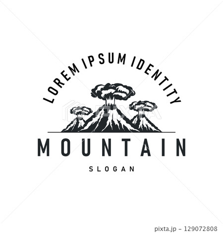 Volcano logo illustration silhouette design volcano mountain erupting with simple rocks and lava Volcano logo illustration silhouette design volcano mountain erupting with simple rocks and lava 129072808