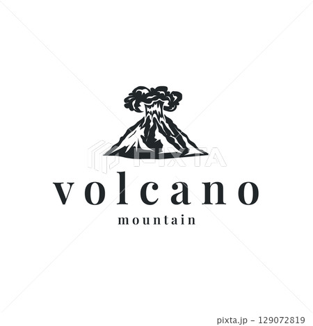 Volcano logo illustration silhouette design volcano mountain erupting with simple rocks and lava 129072819