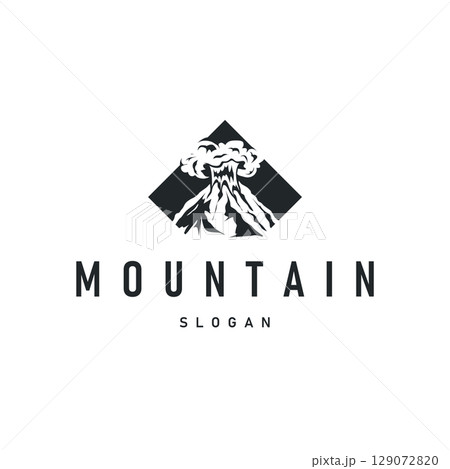 Volcano logo illustration silhouette design volcano mountain erupting with simple rocks and lava 129072820