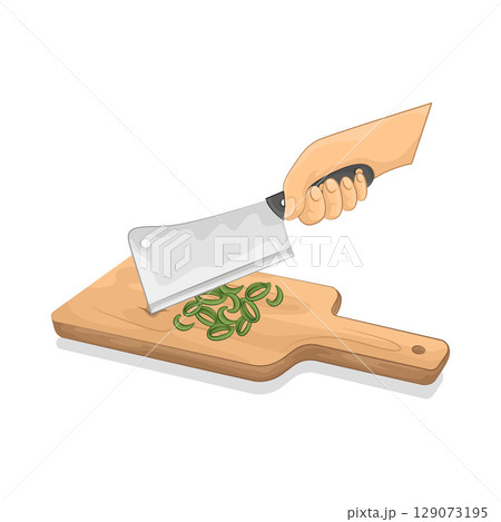 Illustration of Slicing spring onions on a chopping board 129073195
