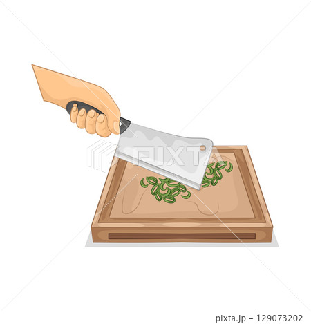 Illustration of Slicing spring onions on a chopping board Illustration of Slicing spring onions on a chopping board 129073202