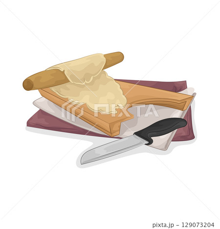Illustration of Rolling dough on a wooden cutting board 129073204