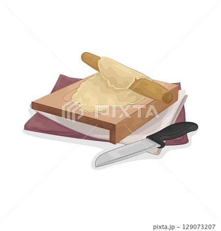 Illustration of Rolling dough on a wooden cutting board 129073207