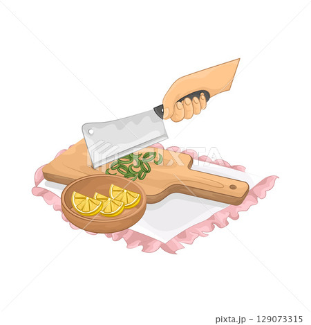 Illustration of Slicing spring onions on a chopping board 129073315