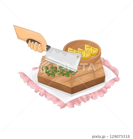 Illustration of Slicing spring onions on a chopping board 129073318