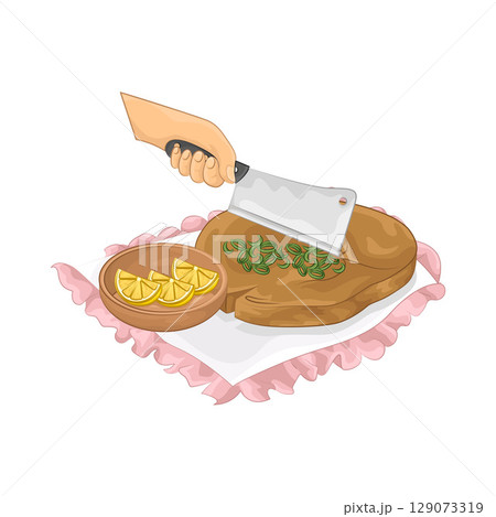 Illustration of Slicing spring onions on a chopping board Illustration of Slicing spring onions on a chopping board 129073319