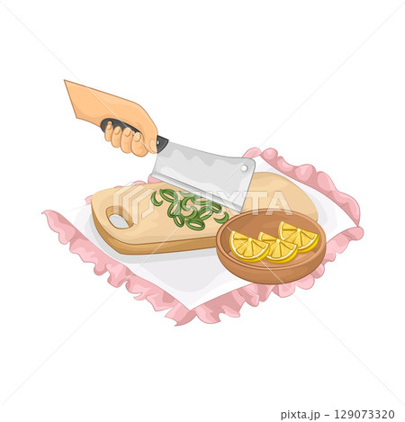 Illustration of Slicing spring onions on a chopping board 129073320