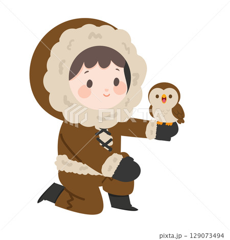 Cartoon Eskimo Child with Owl Illustration 129073494