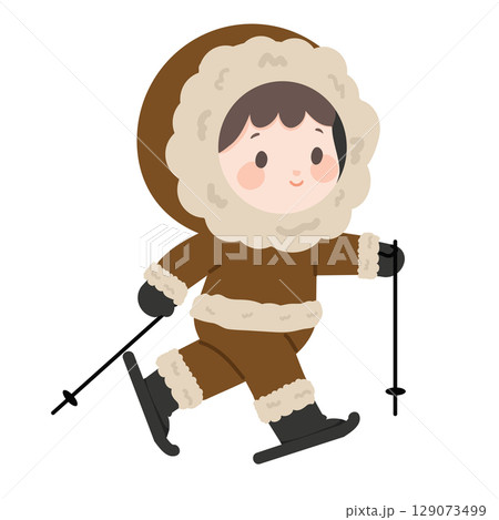 Illustration of Eskimo Skiing in Winter Illustration of Eskimo Skiing in Winter 129073499