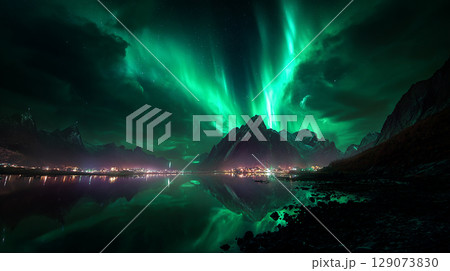 stunning aurora borealis over a serene mountain landscape. aurora over the river. aurora borealis over cityscape at night. 129073830