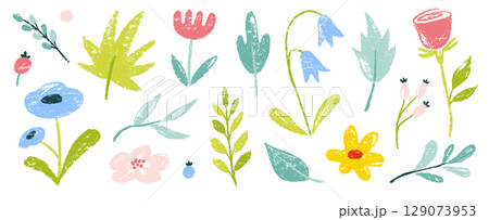 Flower crayon watercolor spring floral set. Hand drawn pastel crayon flower, leaf, plant with chalk texture. Cute nature background for kid, child, garden doodle element design. Vector Flower crayon watercolor spring floral set. Hand drawn pastel crayon flower, leaf, plant with chalk texture. Cute nature background for kid, child, garden doodle element design. Vector 129073953