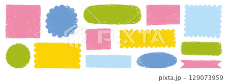 Doodle brush crayon shape frame set. Hand drawn paint box, circle border label, pastel text frame in rough chalk brush texture. Cute color scribble square, round shape background. Vector 129073959