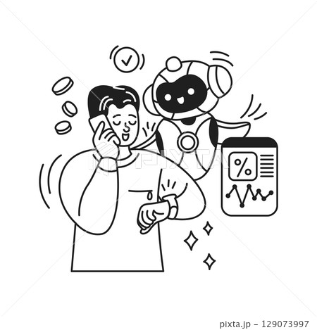 Man Using Smartphone with Friendly Robot 129073997