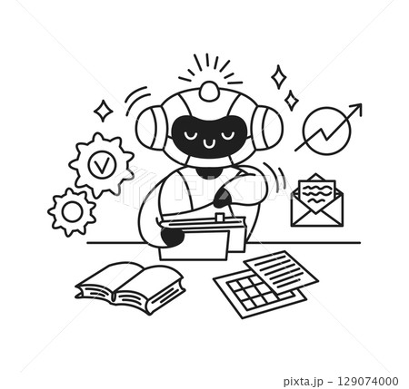 Smiling Robot Analyzing Documents in Office Setting 129074000