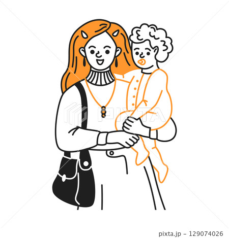 Mother with Child in Minimalist Orange Illustration 129074026