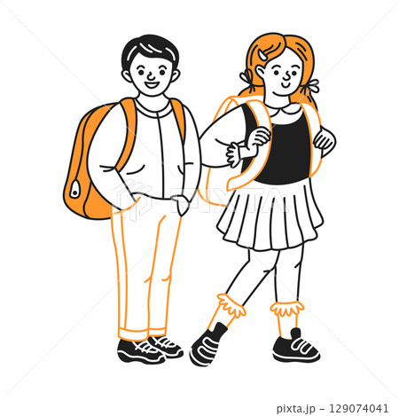 Happy Schoolchildren With Backpacks Smiling Happy Schoolchildren With Backpacks Smiling 129074041