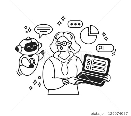 Human interacting with cheerful robot illustration 129074057