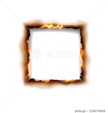 Burning Paper Border with Flames on White Background 129074069