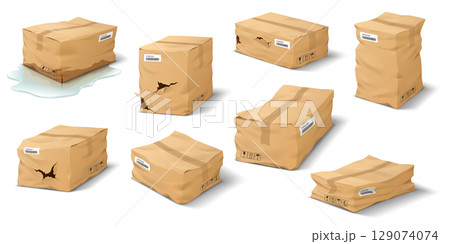 Damaged Cardboard Boxes with Various Conditions 129074074