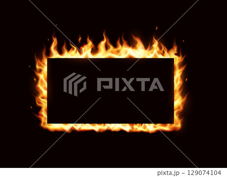 Rectangular Frame with Fiery Flames on Black Background 129074104