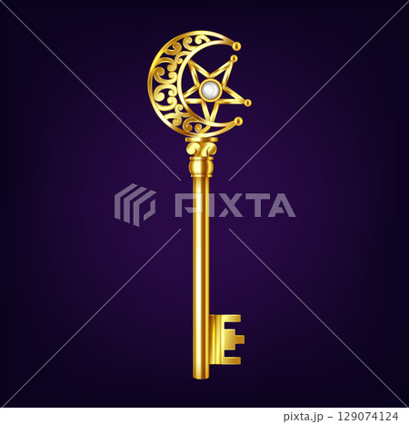 Golden Key with Crescent and Star Design Golden Key with Crescent and Star Design 129074124