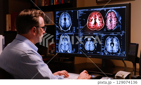 Doctor review brain imaging medical data on monitor computer in hospital. Doctor review brain imaging medical data on monitor computer in hospital. 129074136