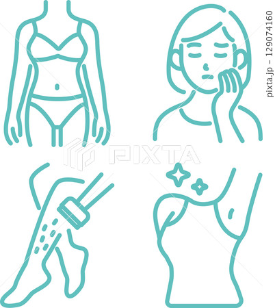 アイコン　脱毛　毛　美容　医療　人物　女性　肌　メディカル　ビューティー　線画　イラスト素材 129074160
