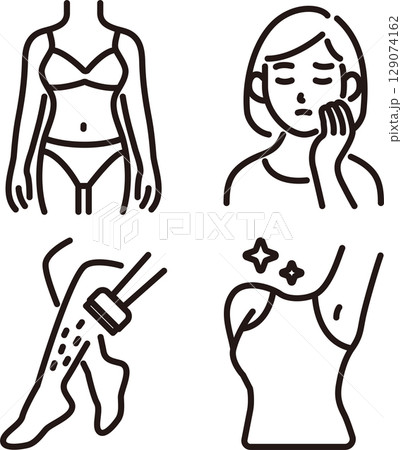 アイコン　脱毛　毛　美容　医療　人物　女性　肌　メディカル　ビューティー　線画　イラスト素材 129074162