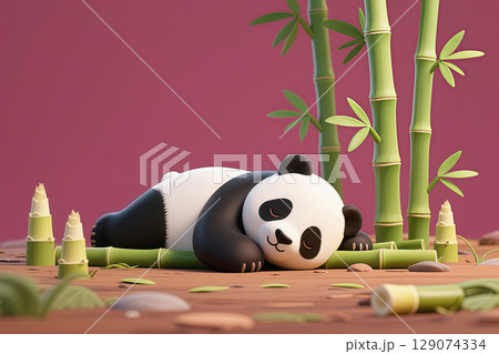 A 3D illustration of a panda lying on the ground, sleeping while hugging a bamboo 129074334