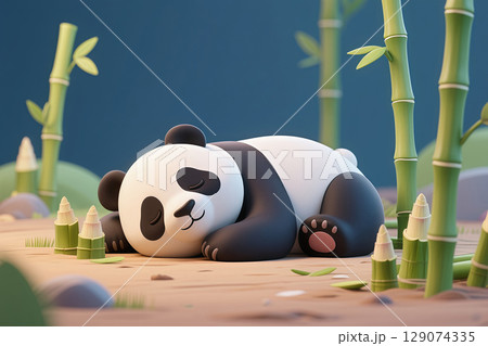 A 3D illustration of a panda lying on the ground, sleeping while hugging a bamboo A 3D illustration of a panda lying on the ground, sleeping while hugging a bamboo 129074335