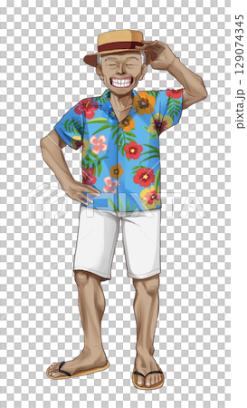 穿著夏威夷襯衫的老人微笑著,沒有戴眼鏡 穿著夏威夷襯衫的老人微笑著,沒有戴眼鏡 129074345
