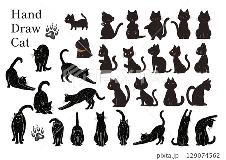 手描き黒猫シルエットコレクション！ベクターイラスト 129074562